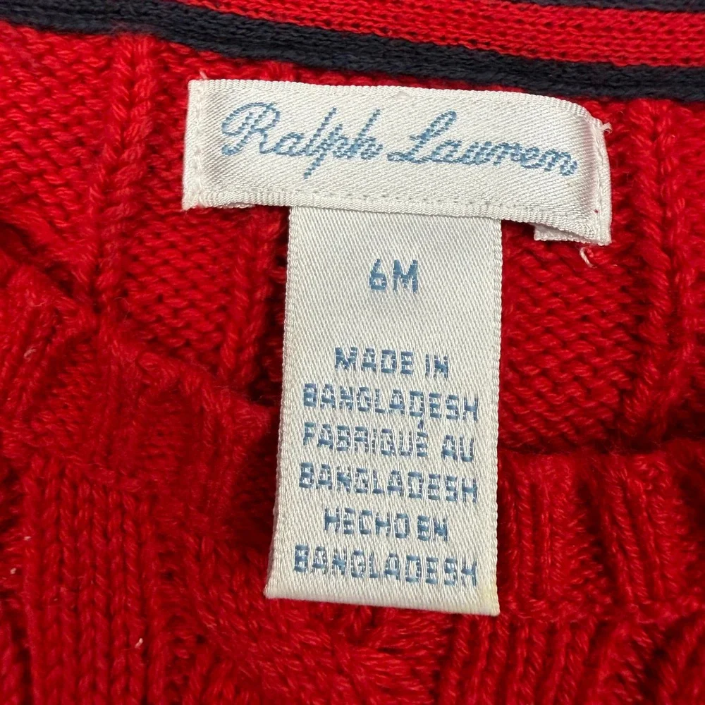 Ralph Lauren Baby Red Cable Knit Cotton Sweater 6M Button Shoulder Pullover